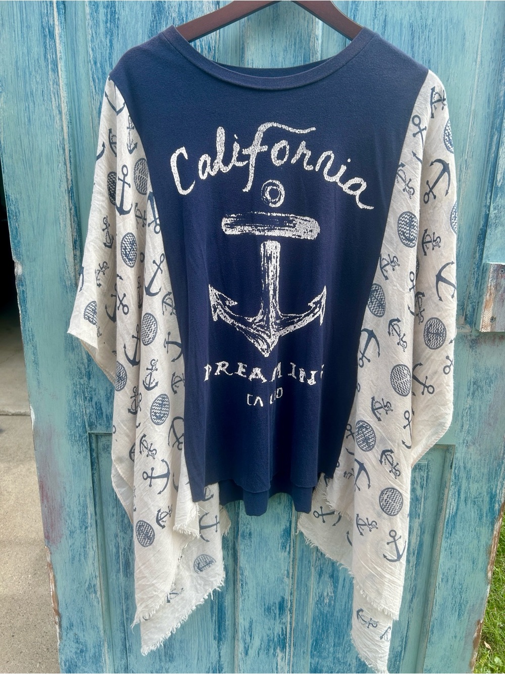 Upcycled scarf sleeve nautical anchor California dreaming poncho tee